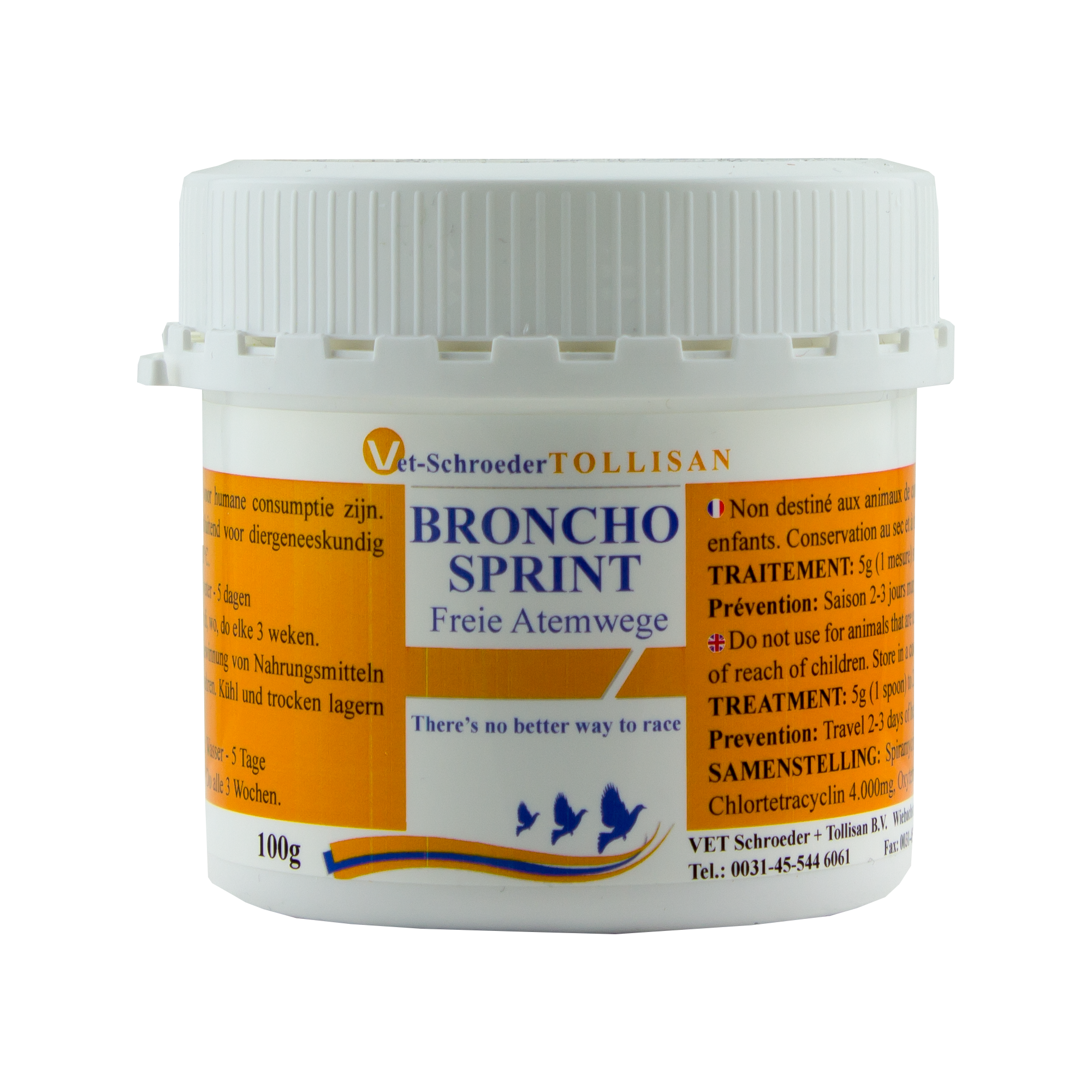 A white bottle labeled Broncho-Sprint, which is a respiratory treatment and performance booster for racing pigeons.