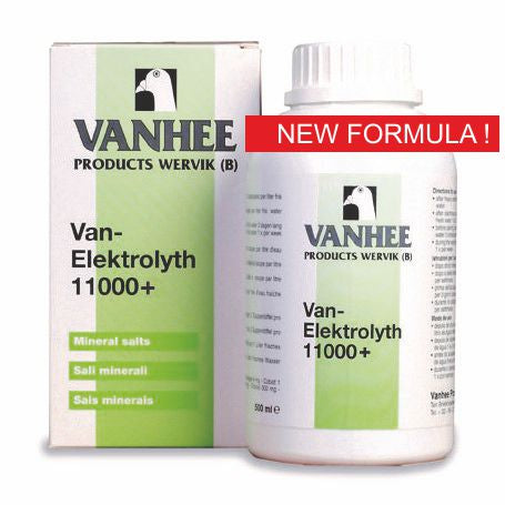 Product packaging for Van-Elektrolyth 11000+ by Vanhee, featuring a white bottle with green and white labeling, indicating it is a new formula for pigeon electrolytes.