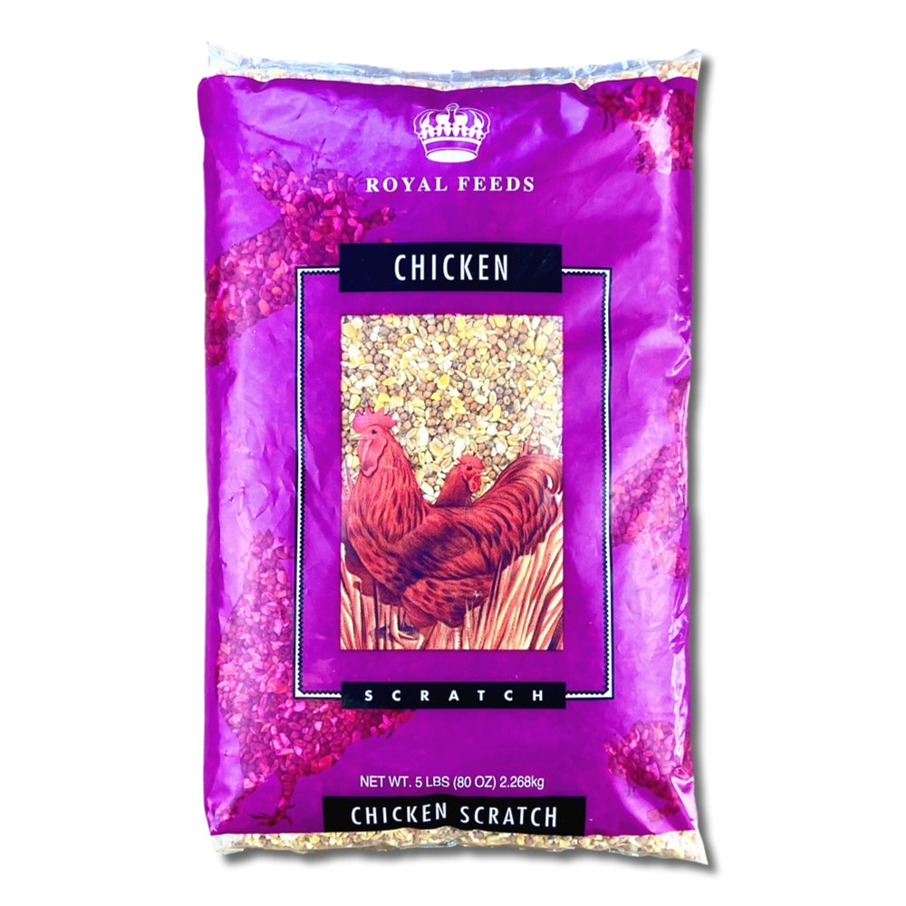 A bag of Chicken Scratch feed with a purple and pink design, featuring an image of a chicken on the front.