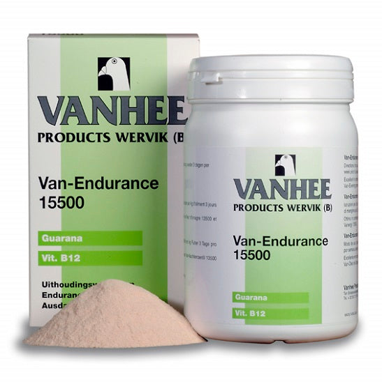 A container of Van Endurance 15500 pigeon supplement by Vanhee, next to its packaging box, with a pile of the white powder product in front.