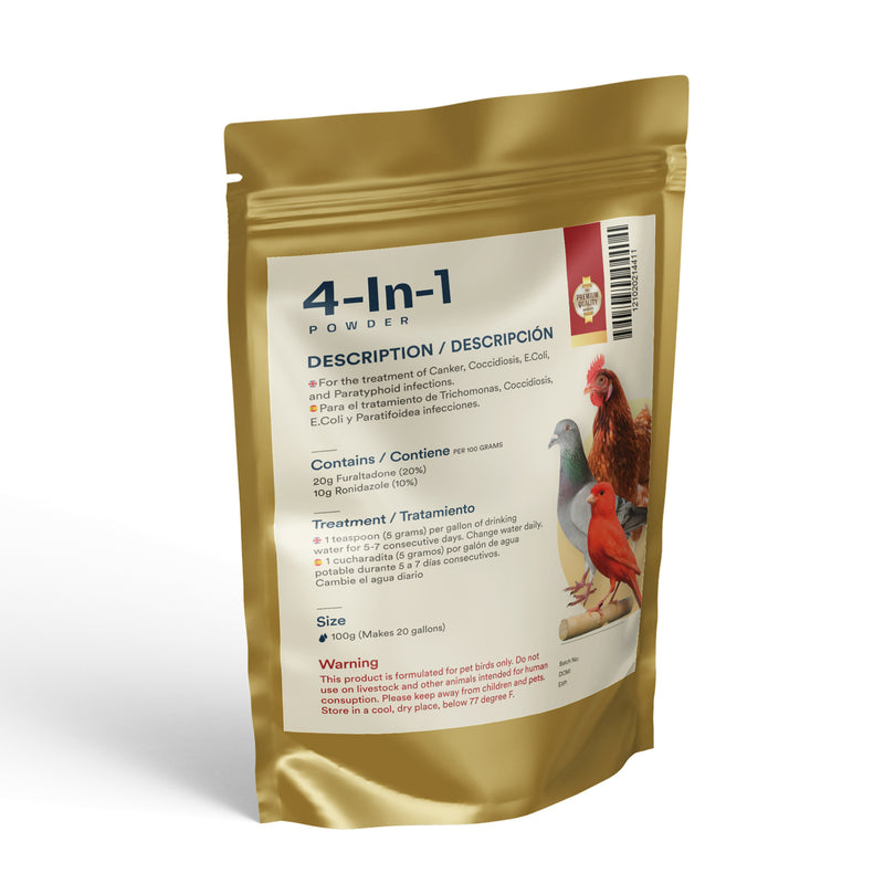 4 in 1 Powder (Generex): Effective Canker, Salmonella (E.coli), Coccidiosis, and Paratyphoid Treatment for Pet Birds & Pigeons