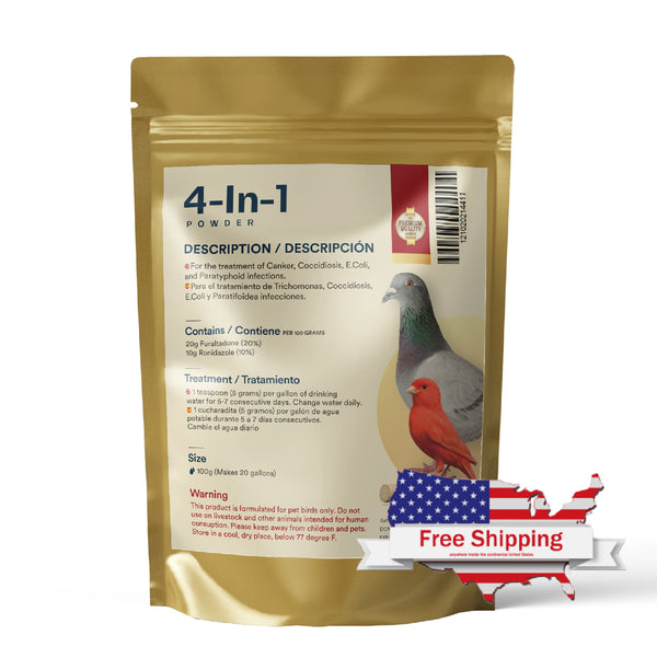 4 in 1 Powder (Generex): Effective Canker, Salmonella (E.coli), Coccidiosis, and Paratyphoid Treatment for Pet Birds & Pigeons