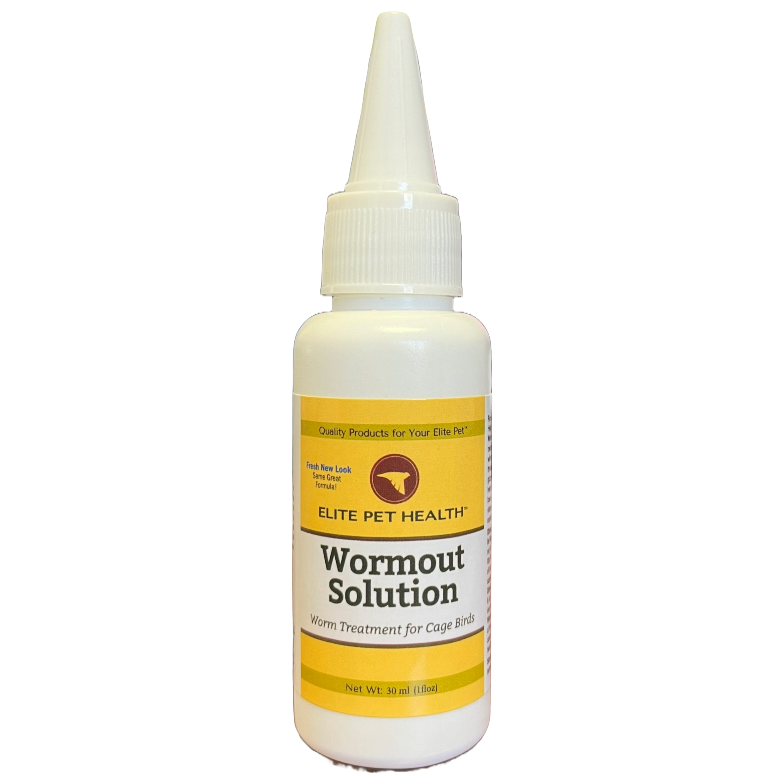 A bottle of Wormer Solution branded bird dewormer by Elite Pet Health.
