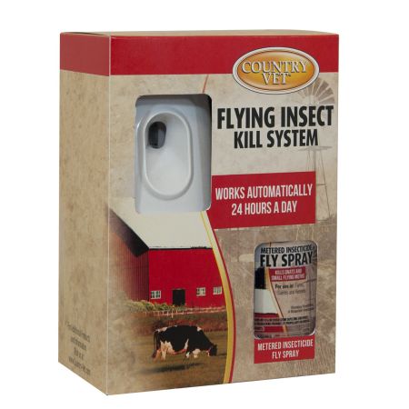 Country Vet 30-Day Flying Insect Control Kit – Automatic Dispenser & Metered Fly Spray Refill